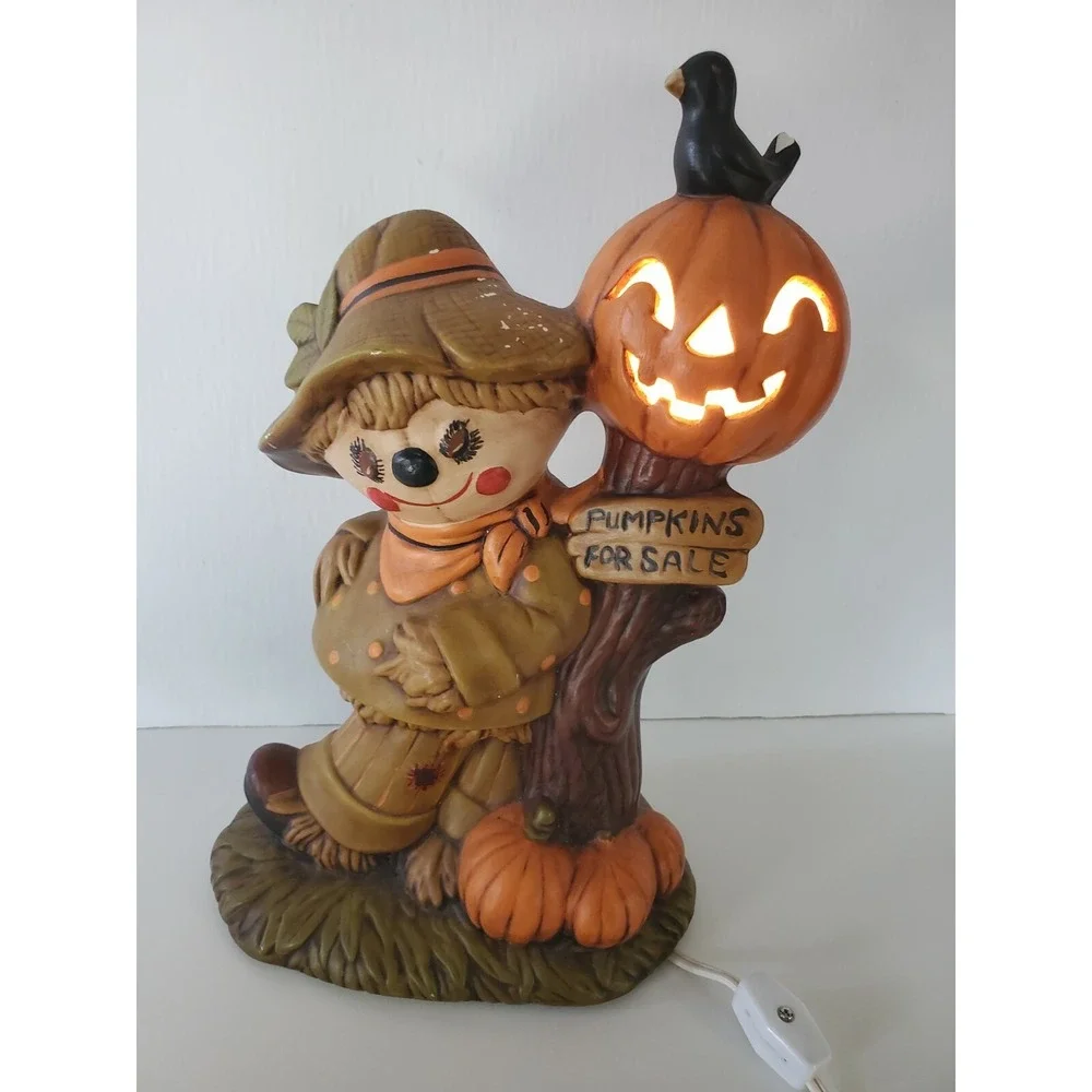 🎃 HALLOWEEN Ceramic SCARECROW w Light Up JACK-O-LANTERN  